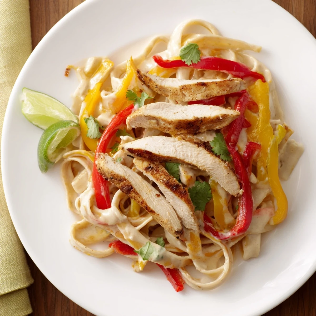 Plate of Southwest chicken Alfredo pasta topped with spiced chicken strips, vegetables, and fresh lime