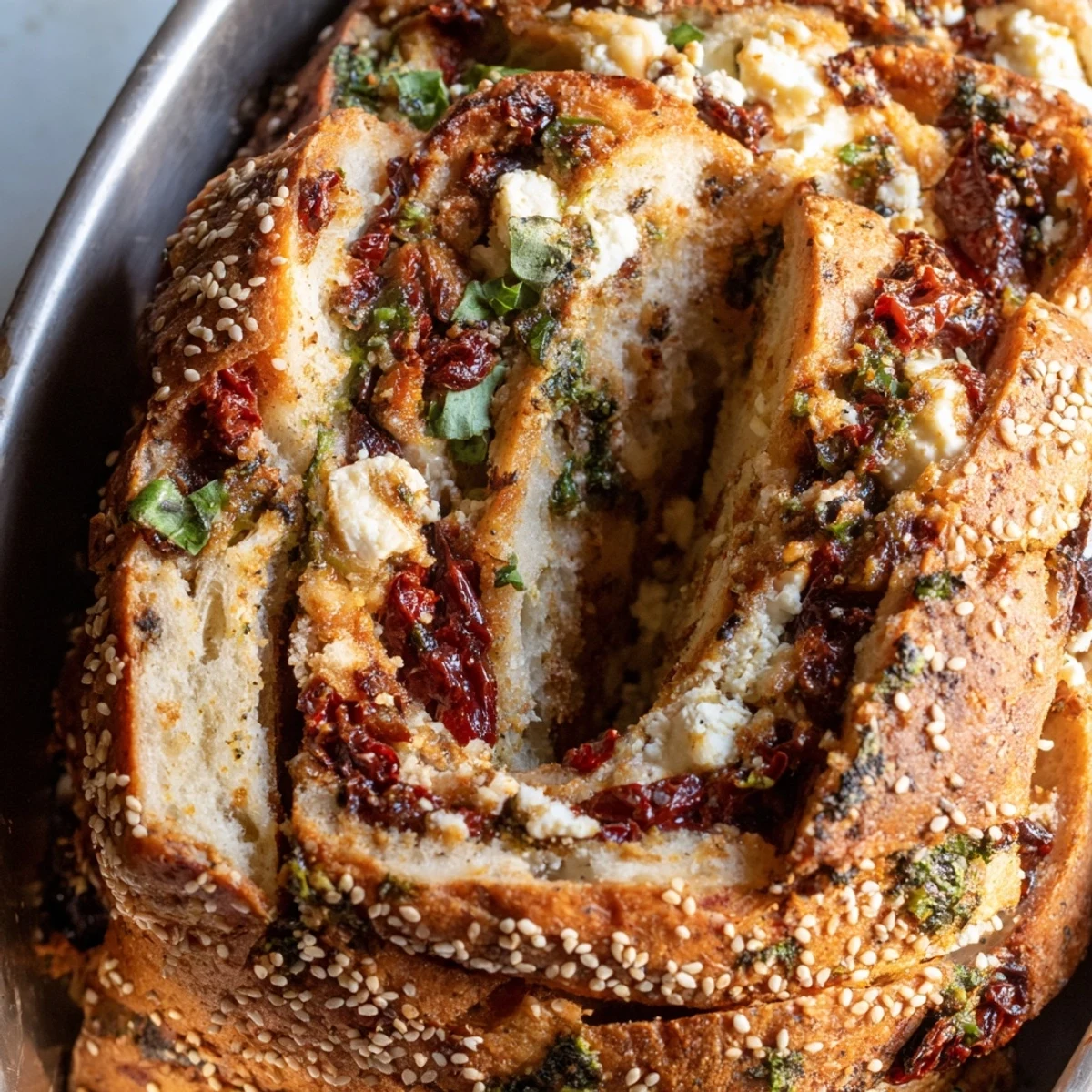 Golden Mediterranean pull-apart bread with melted feta, olives, and sun-dried tomatoes peeking through flaky layers