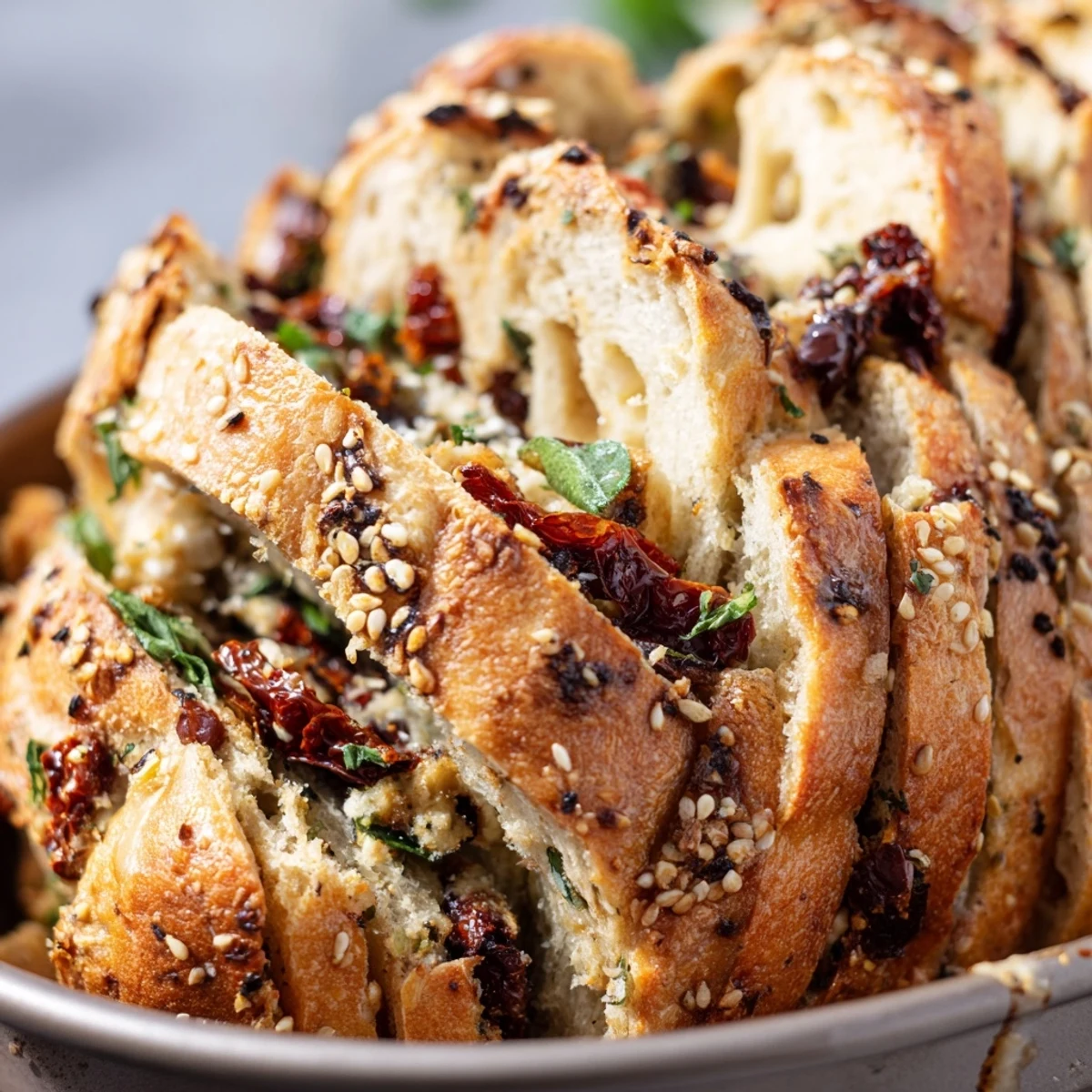 Soft pull-apart bread loaf stuffed with Mediterranean herbs, Kalamata olives, and sun-dried tomato pieces