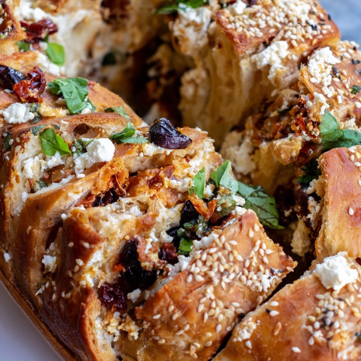 Freshly baked Mediterranean pull-apart bread brushed with olive oil and sprinkled with sesame seeds