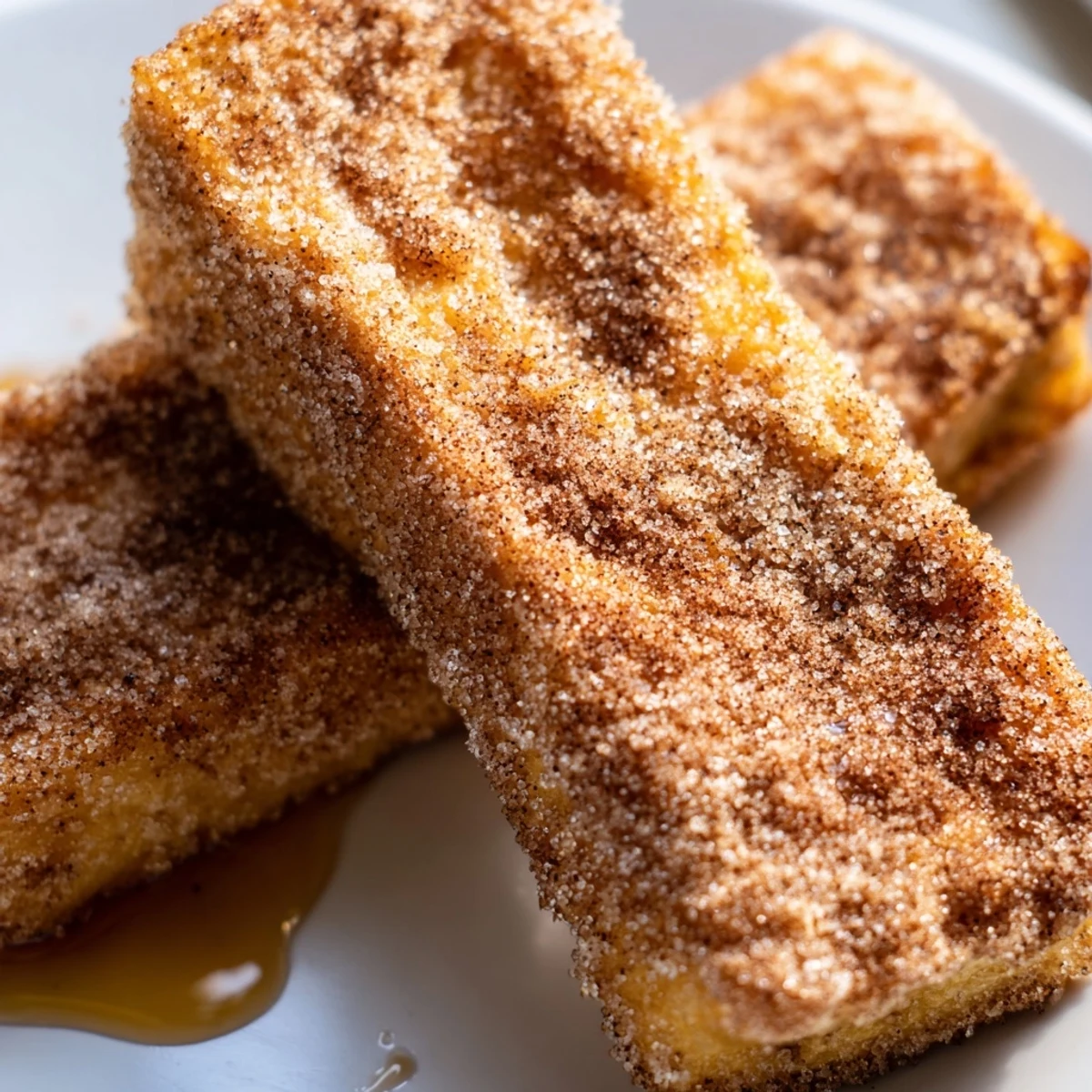 Golden cinnamon French toast sticks coated in sparkling sugar, served with maple syrup for dipping