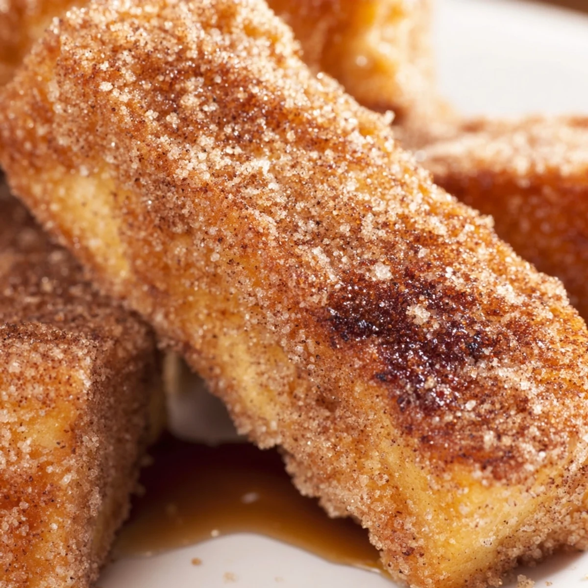 Crispy exterior cinnamon French toast sticks arranged on plate with warm syrup pouring over top