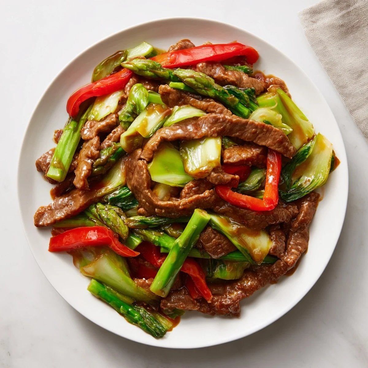 Tender beef strips tossed with fresh asparagus and bok choy in Asian soy glaze