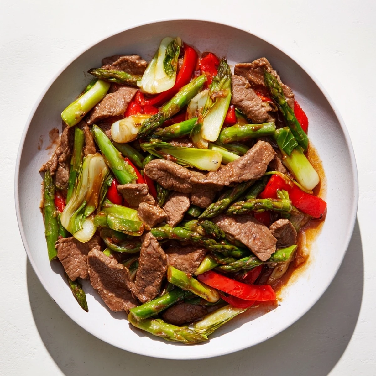 Savory soy beef stir fry with crisp bok choy and asparagus in glossy brown sauce