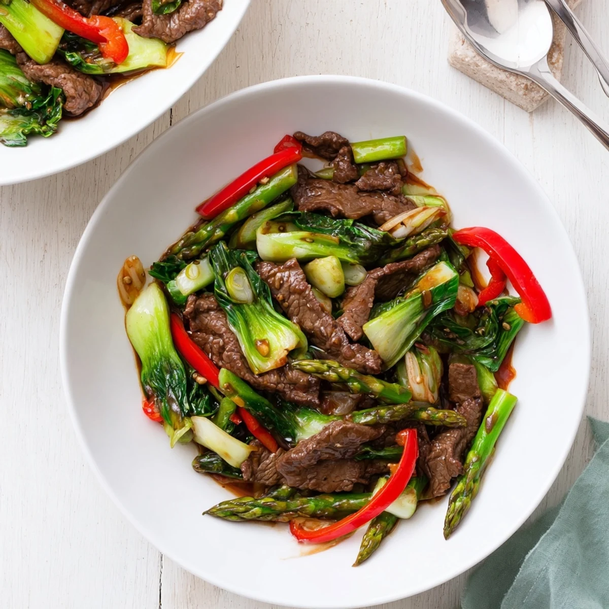 Weeknight dinner featuring beef, asparagus, and bok choy stir fried in savory soy sauce