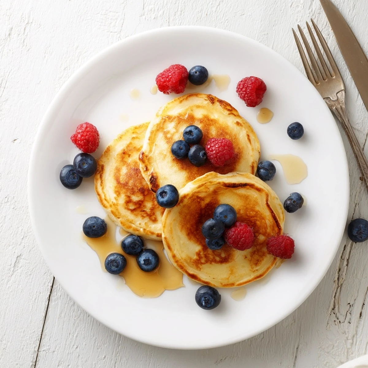 Golden stack of fluffy pancakes drizzled with maple syrup and topped with fresh berries