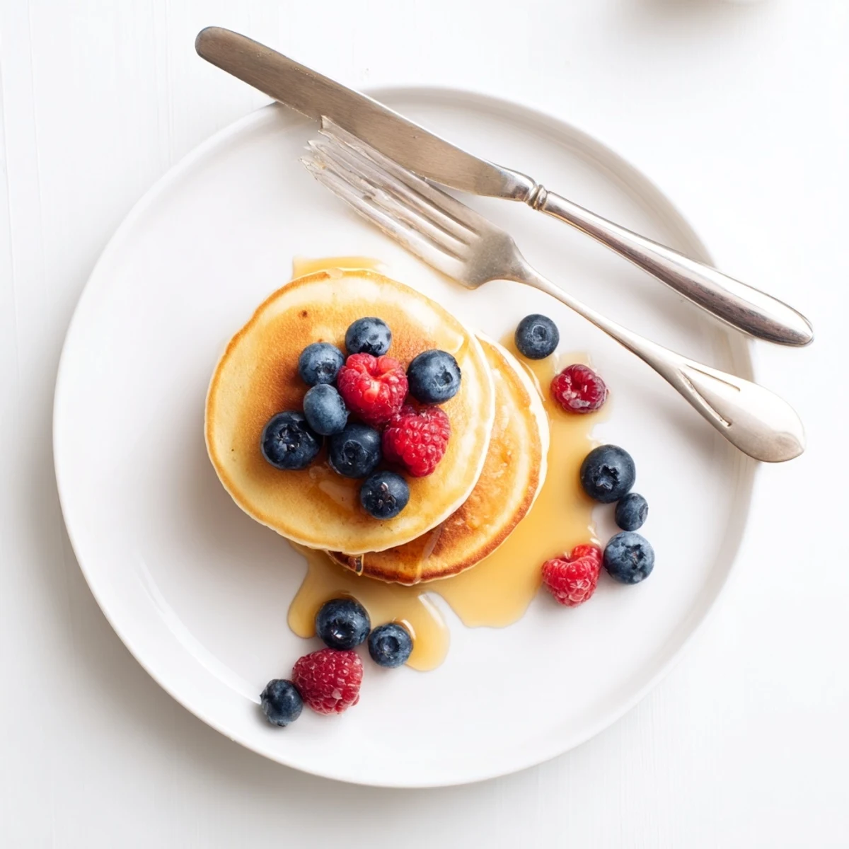 Homemade fluffy pancakes stacked high with melted butter and warm syrup for breakfast