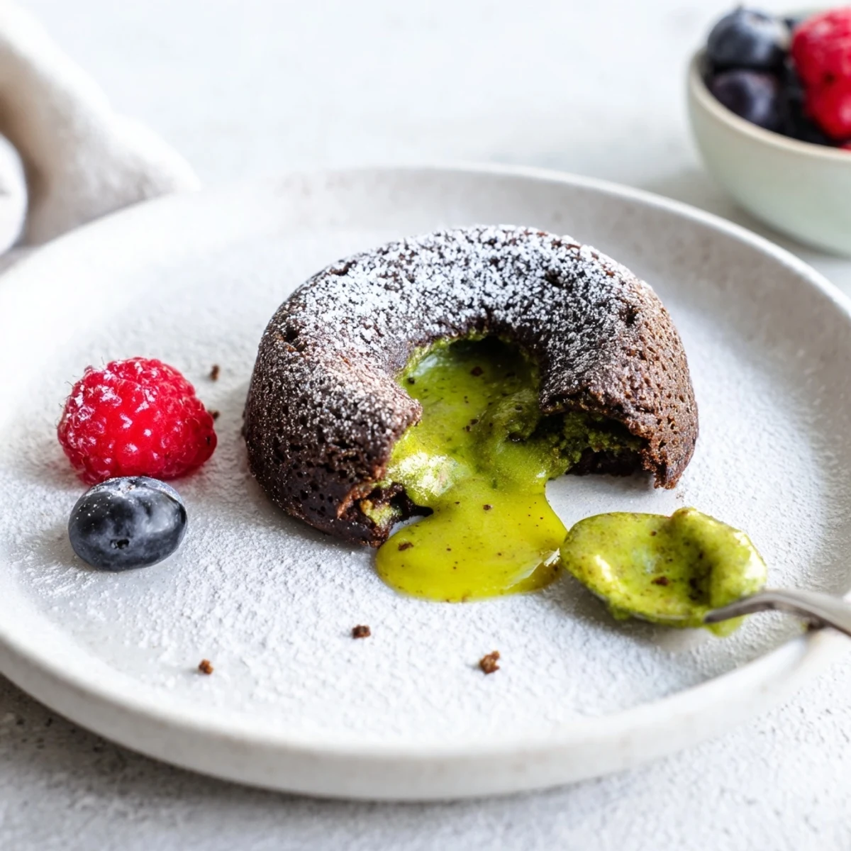 Individual matcha lava cake with molten green tea center flowing onto white plate