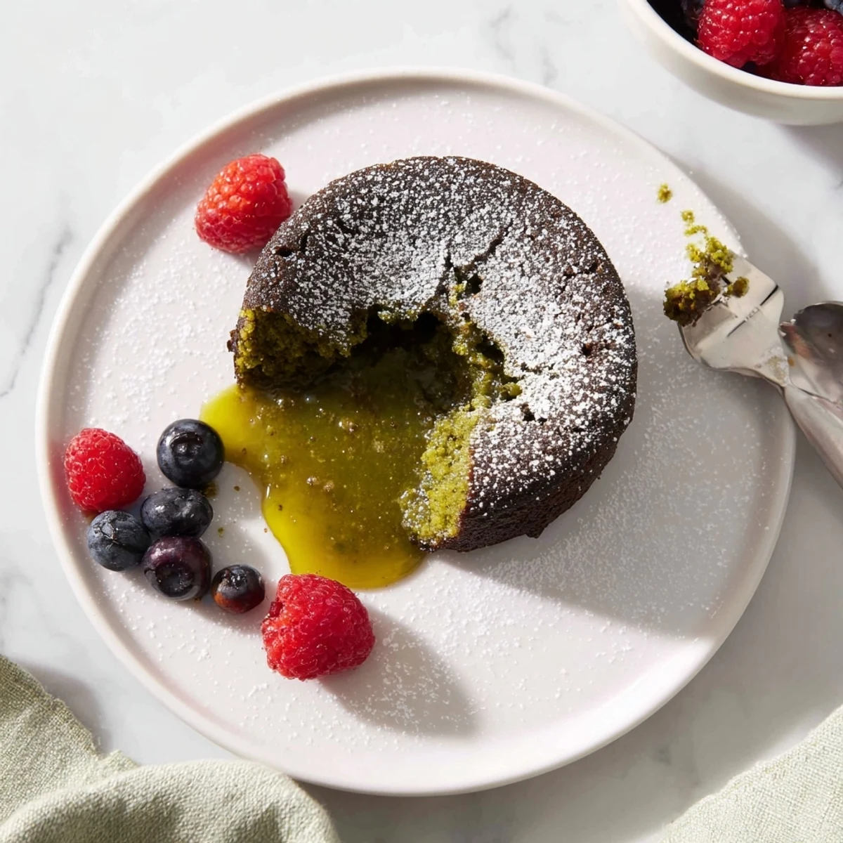 Warm matcha lava cake dusted with powdered sugar and topped with fresh red berries