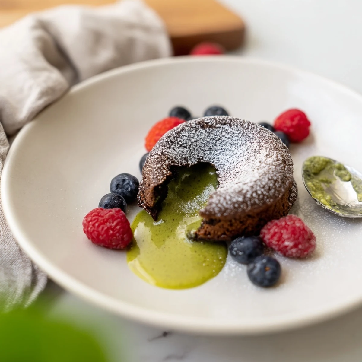 Golden ramekin of baked matcha lava cake showing cracked surface and vibrant interior