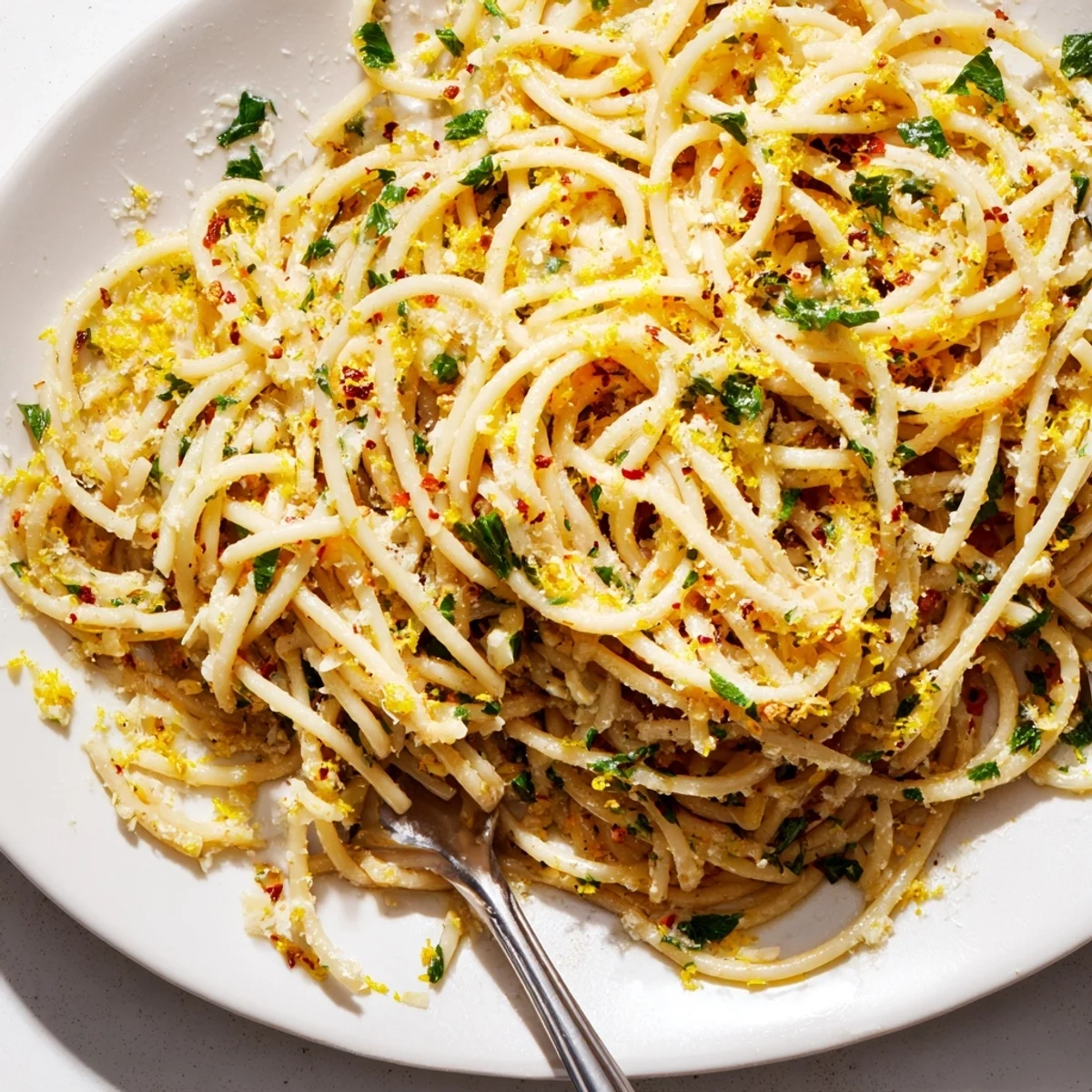 Golden garlic butter pasta coated in rich glossy sauce with fresh parsley garnish