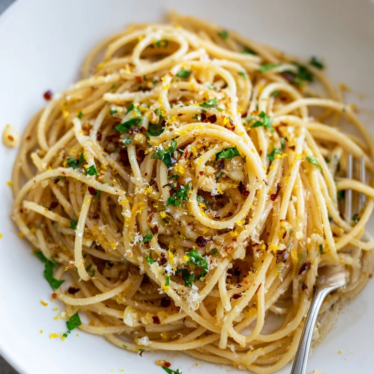 Steaming plate of garlic butter pasta tossed with parmesan and lemon zest topping