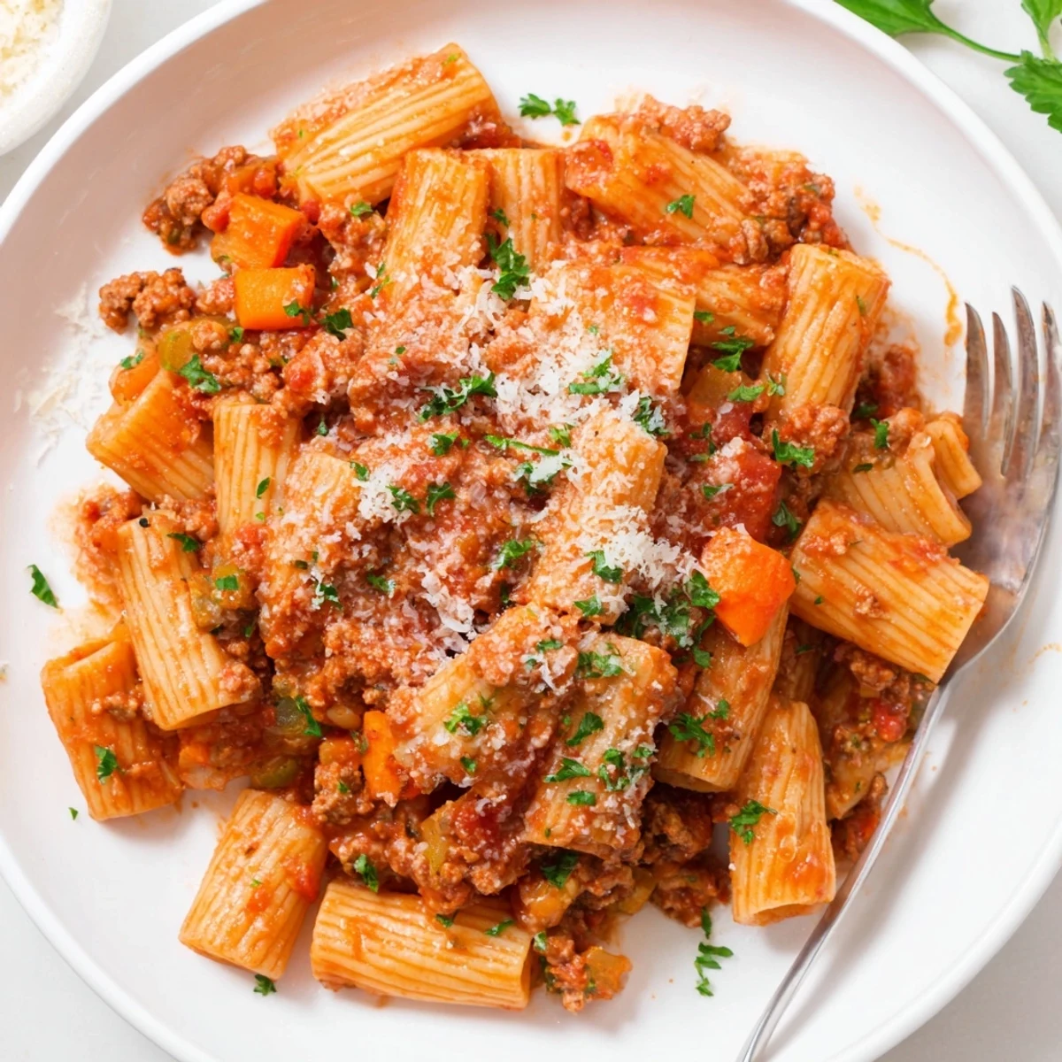 Creamy Turkey Bolognese sauce tossed with pasta and topped with fresh grated Parmesan cheese