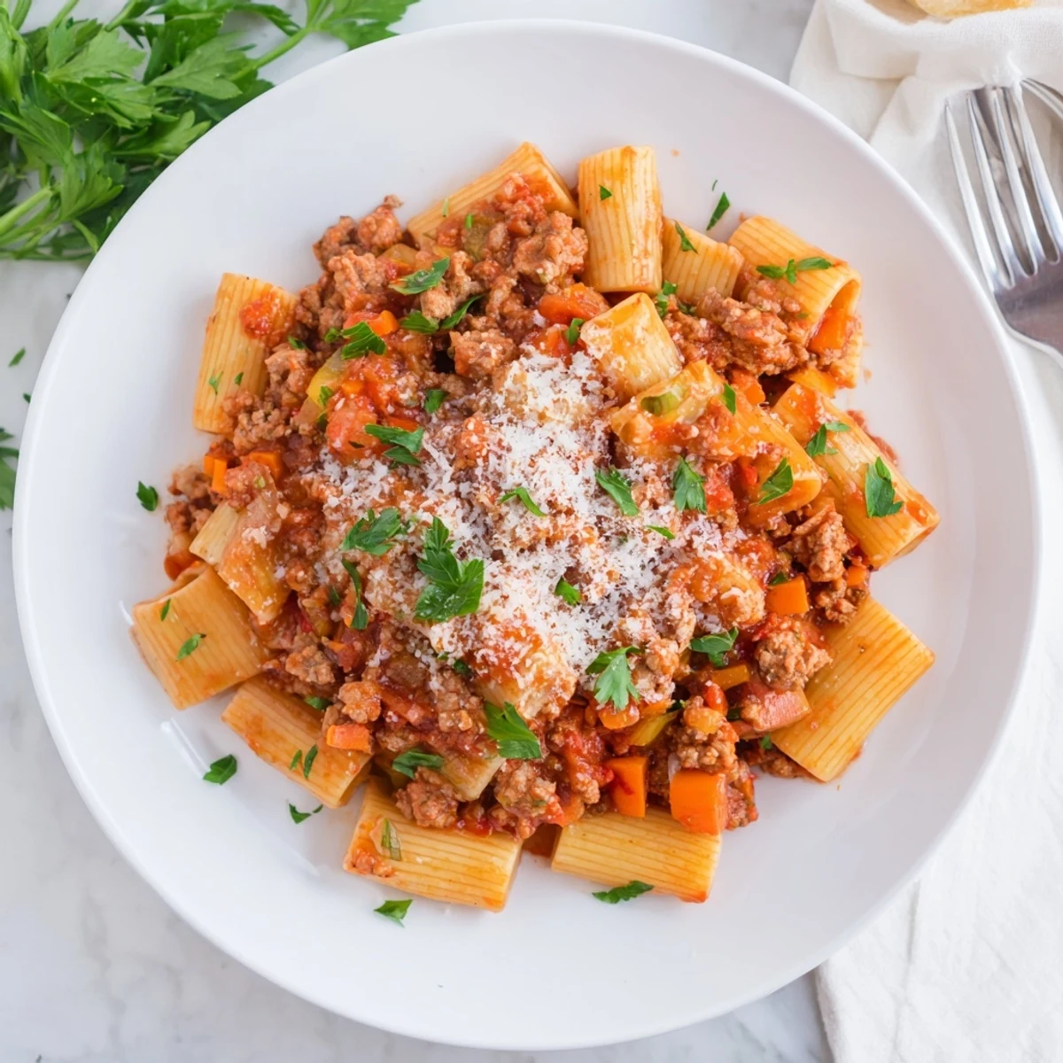 Hearty ground turkey Bolognese simmering in a rich tomato sauce with fragrant herbs