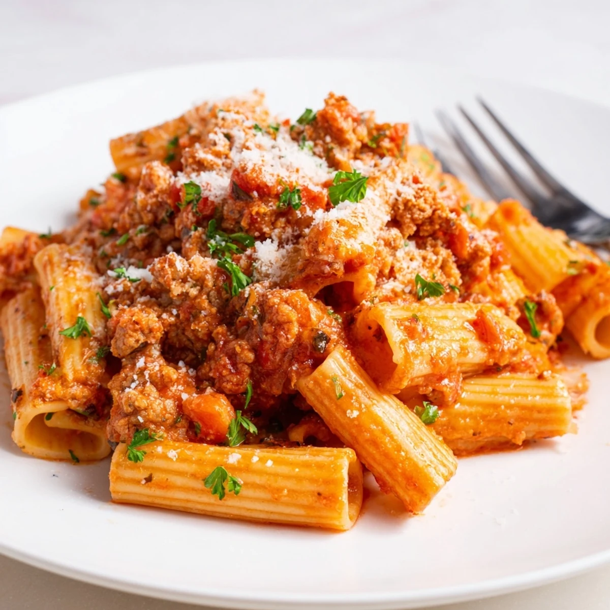 Light Turkey Bolognese served over pasta with chopped parsley and a sprinkle of red pepper flakes