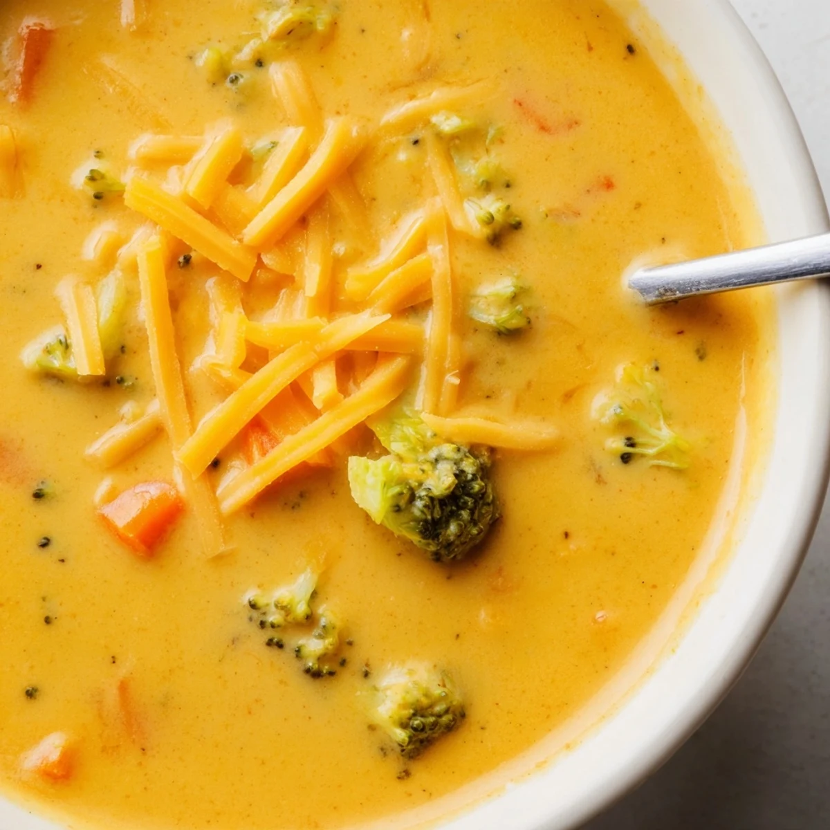 Creamy Instant Pot Broccoli Cheddar Soup topped with melted shredded cheese and fresh herbs in a white bowl