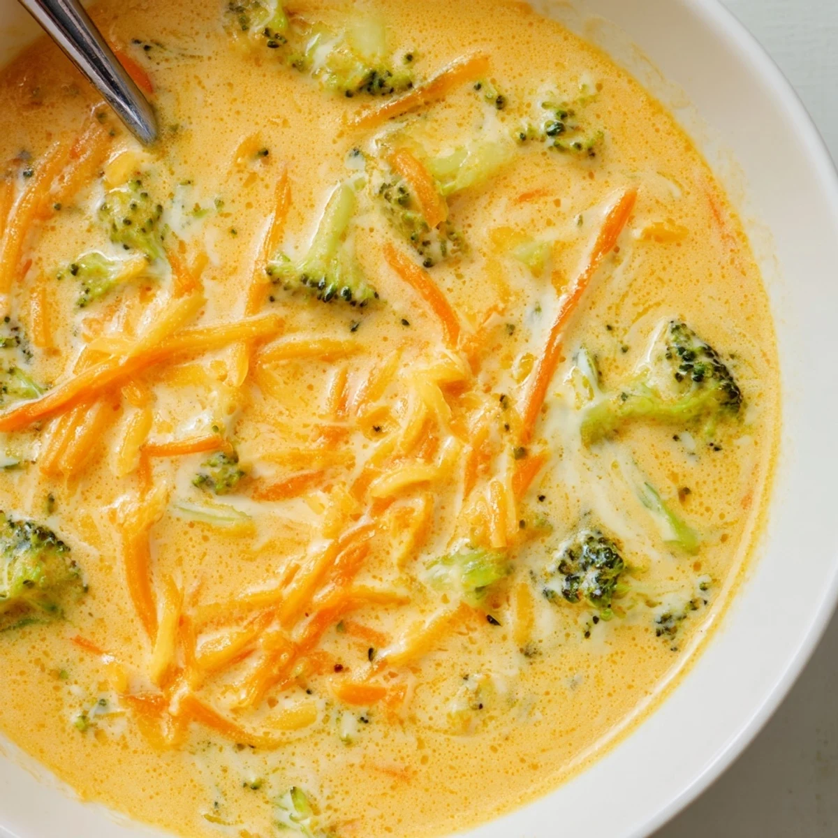 Golden bowl of rich Instant Pot Broccoli Cheddar Soup with tender green florets and grated carrots
