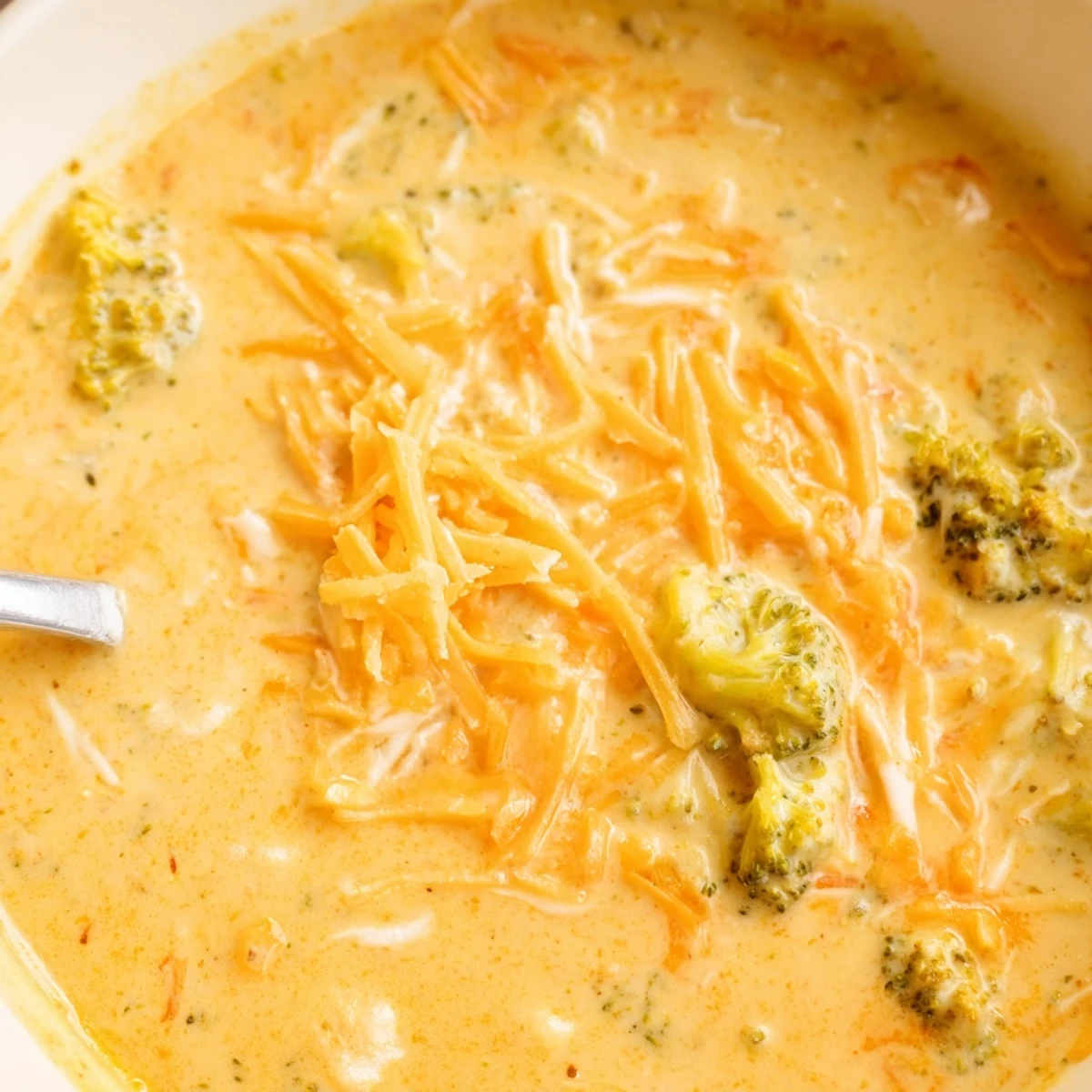 Soothing Instant Pot Broccoli Cheddar Soup ladled into serving bowls with garnish of sharp cheddar shavings