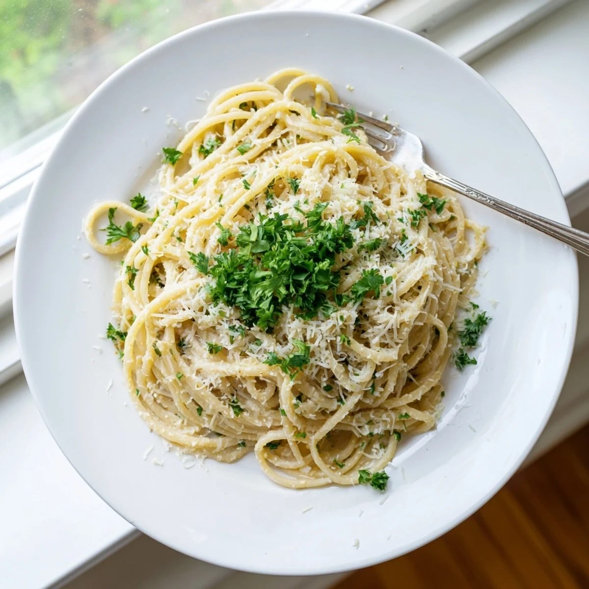 Golden one pot garlic butter pasta tossed in a creamy parmesan sauce with fresh parsley garnish