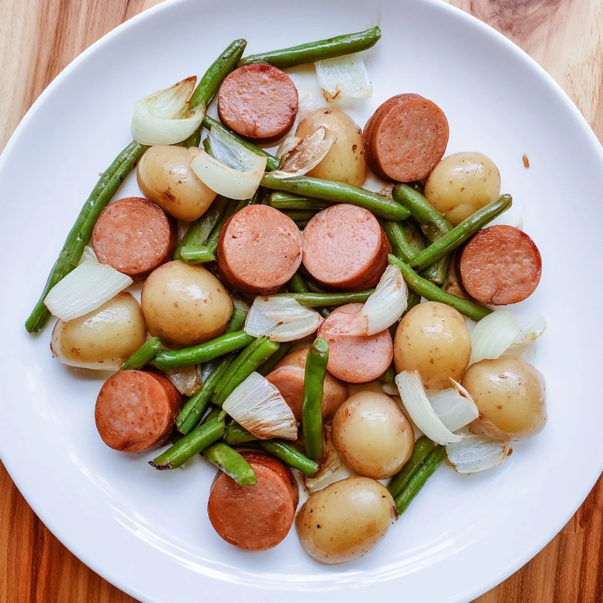 Crockpot Kielbasa and Green Beans slow cooker meal with tender baby potatoes and smoky sausage slices