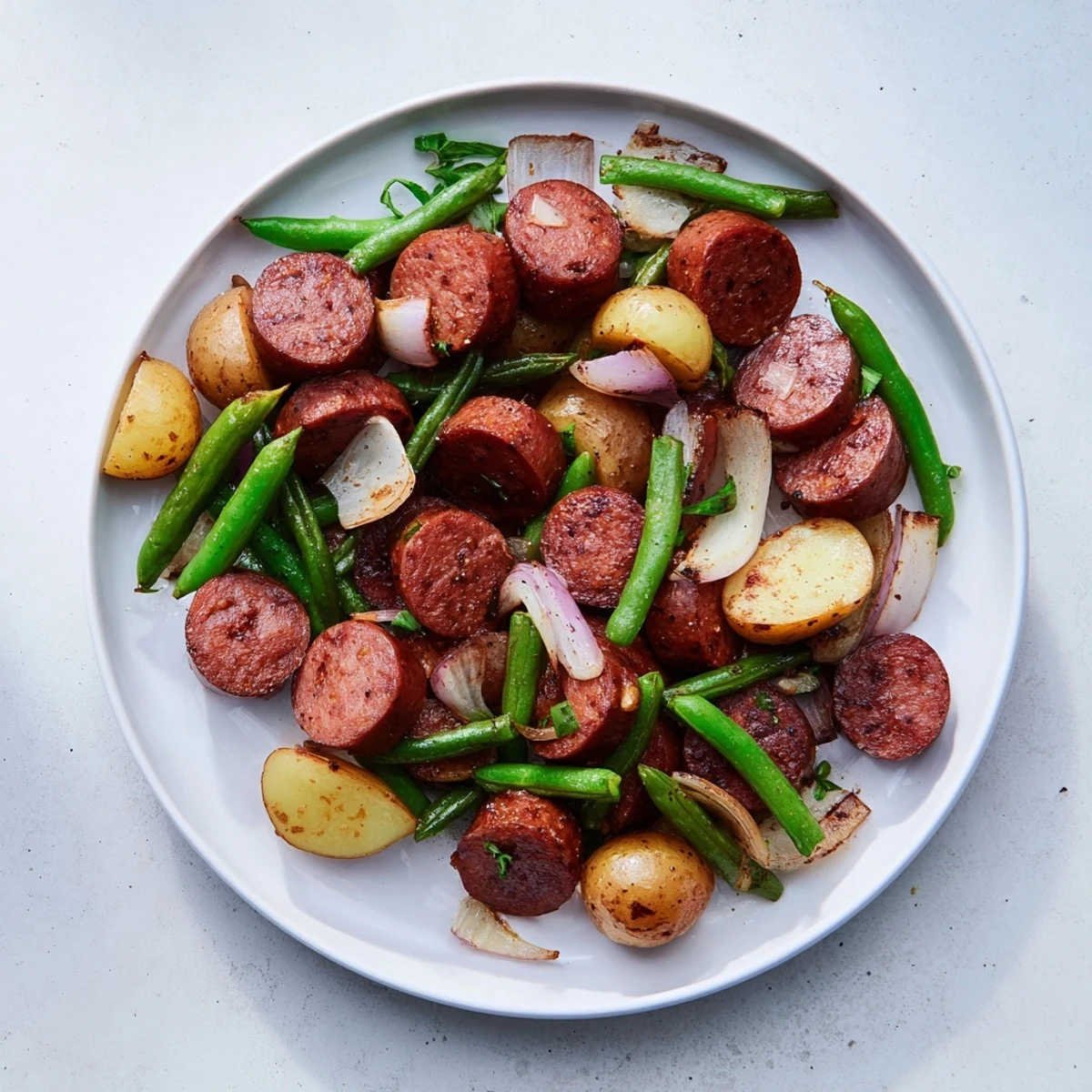 Comforting Crockpot Kielbasa and Green Beans one-pot dinner with sliced sausage and halved baby potatoes