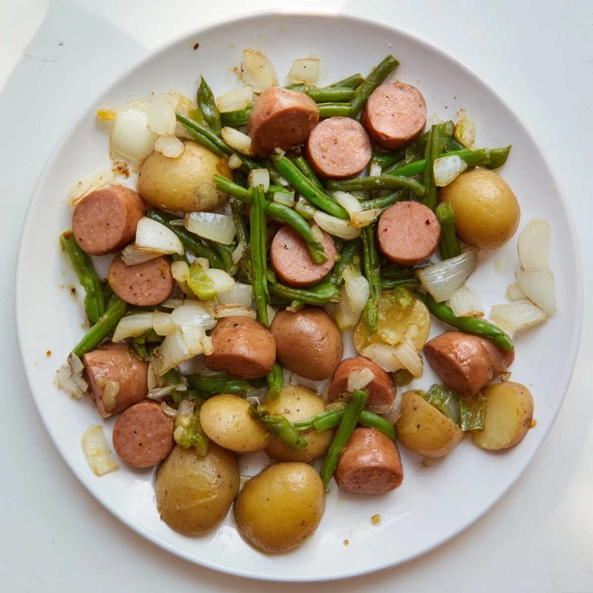 Hearty Crockpot Kielbasa and Green Beans dish featuring crisp vegetables in savory chicken broth