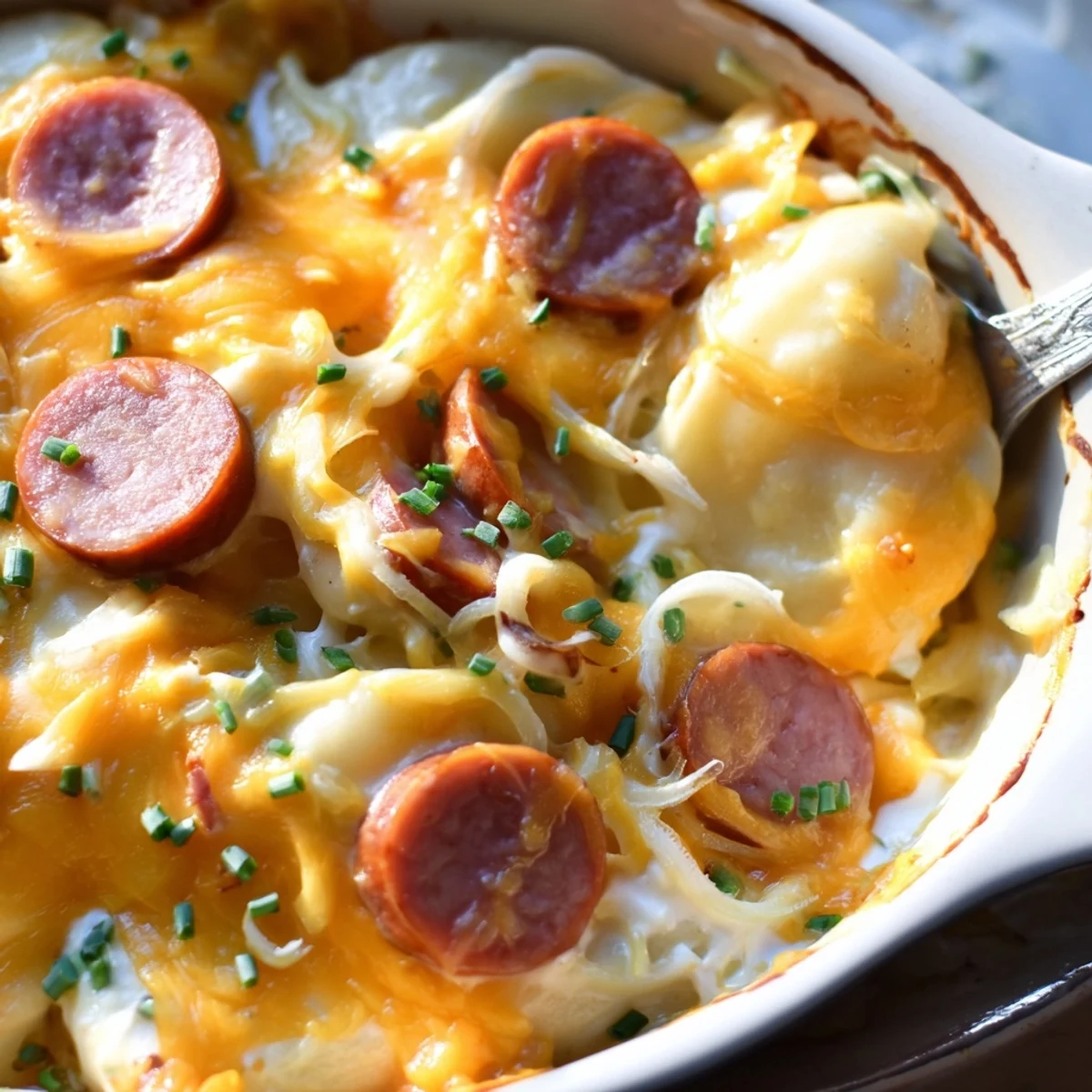 Golden cheesy Crock Pot Pierogi Casserole with Kielbasa bubbling with melted cheddar and sliced smoked sausage
