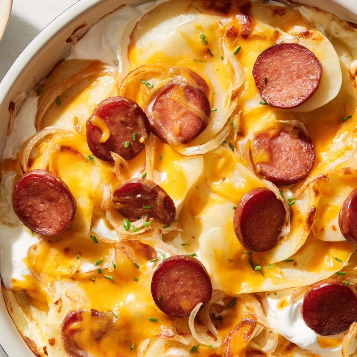 Hearty slow cooker pierogi casserole layered with kielbasa rings caramelized onions and creamy sauce topped with cheese