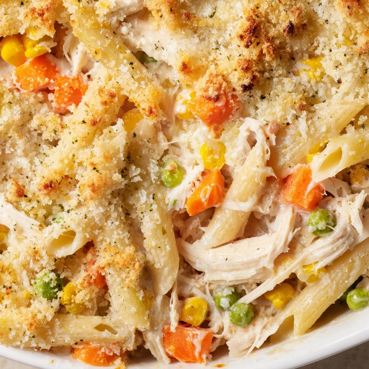 Creamy chicken pot pie pasta with golden parmesan breadcrumb topping in a baking dish