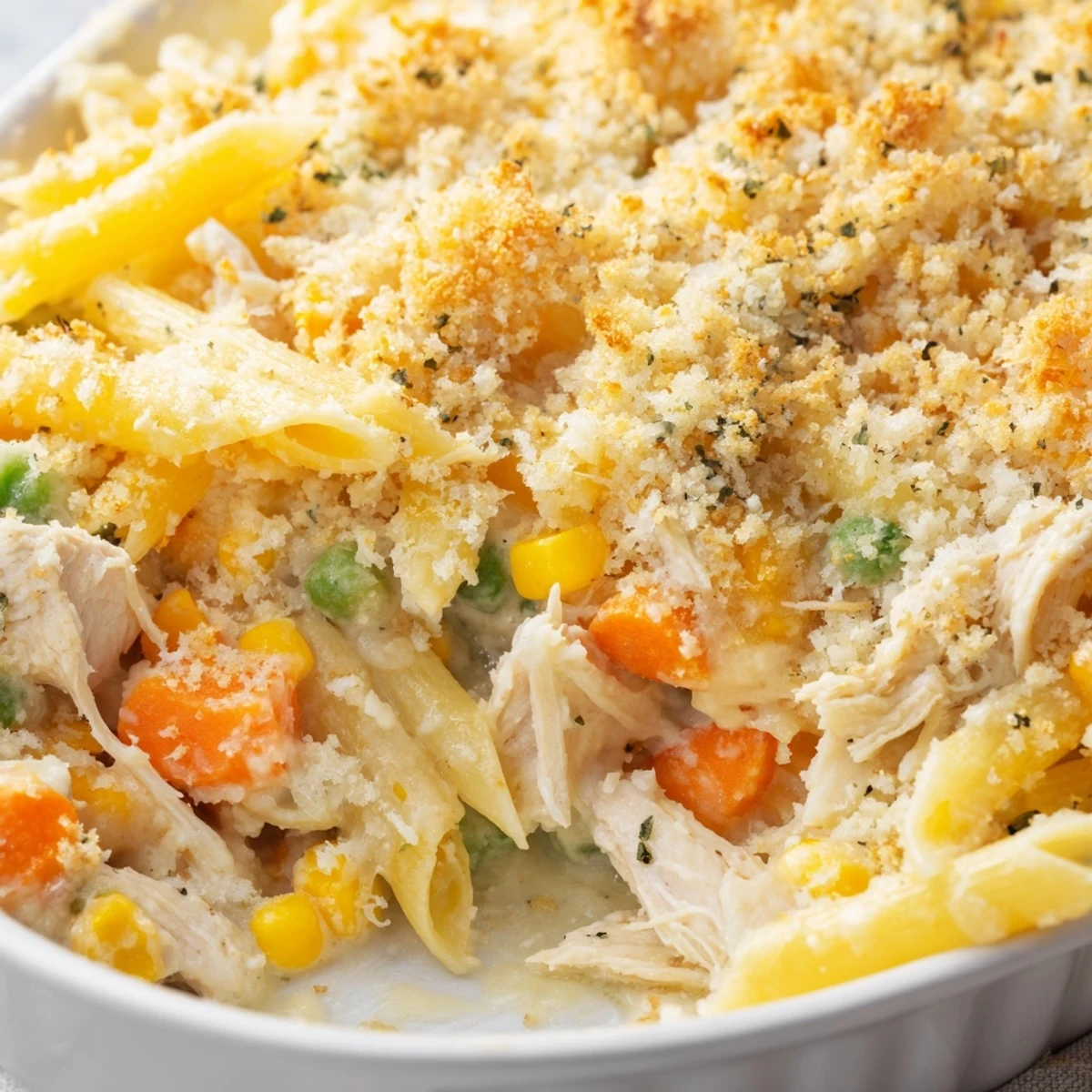 Hearty chicken pot pie pasta casserole bubbling with vegetables and melted cheese