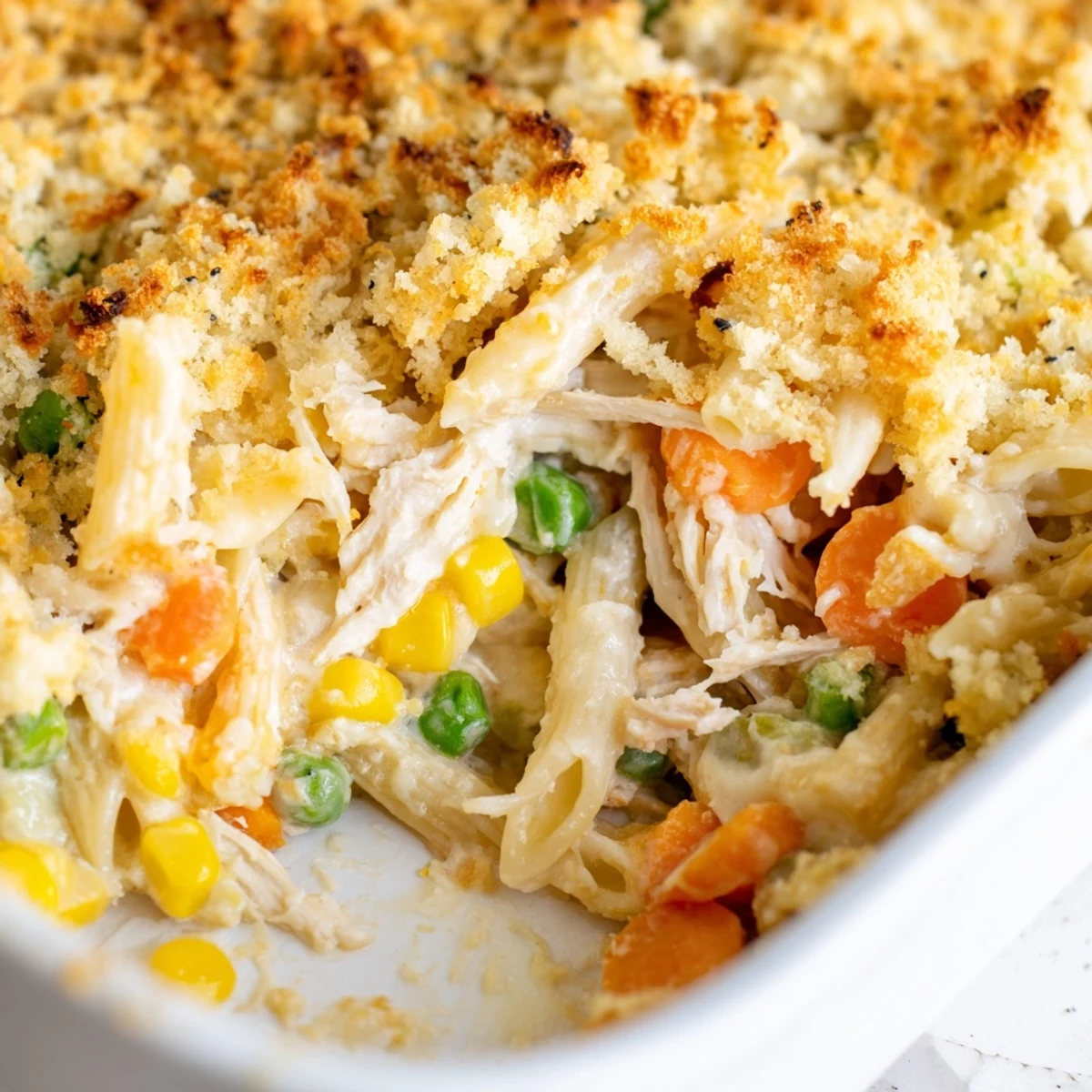 Baked chicken pot pie pasta served warm with crispy buttered panko crust