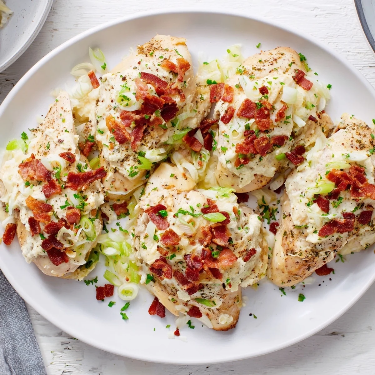 Golden cheesy Crockpot Million Dollar Chicken topped with crispy crumbled bacon and fresh parsley