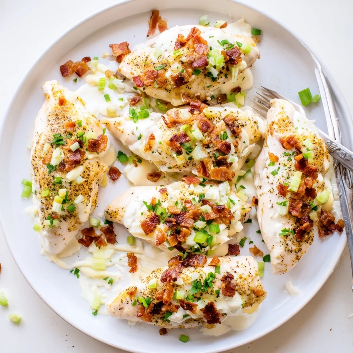 Tender Crockpot Million Dollar Chicken served hot with rich cheese sauce and savory bacon bits