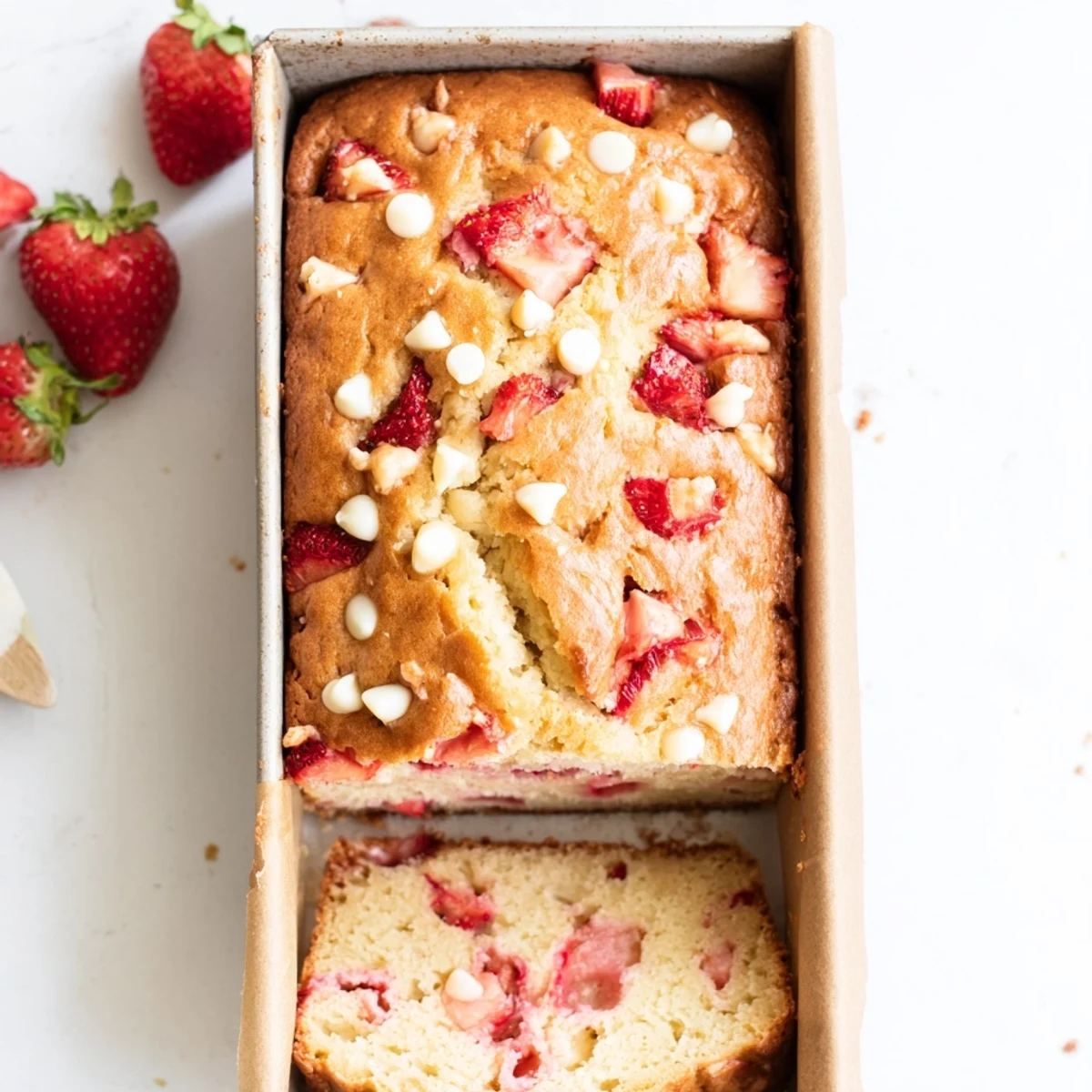 Golden sourdough white chocolate chips strawberry bread loaf with juicy red berry pieces visible throughout