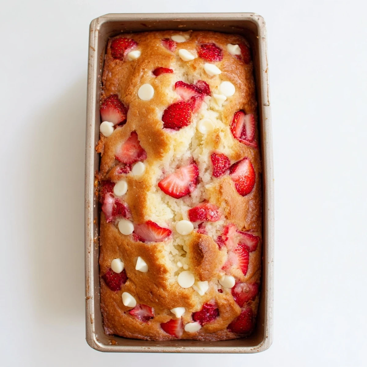 Sliced sourdough white chocolate chips strawberry bread on wooden board revealing tender crumb and melted chips