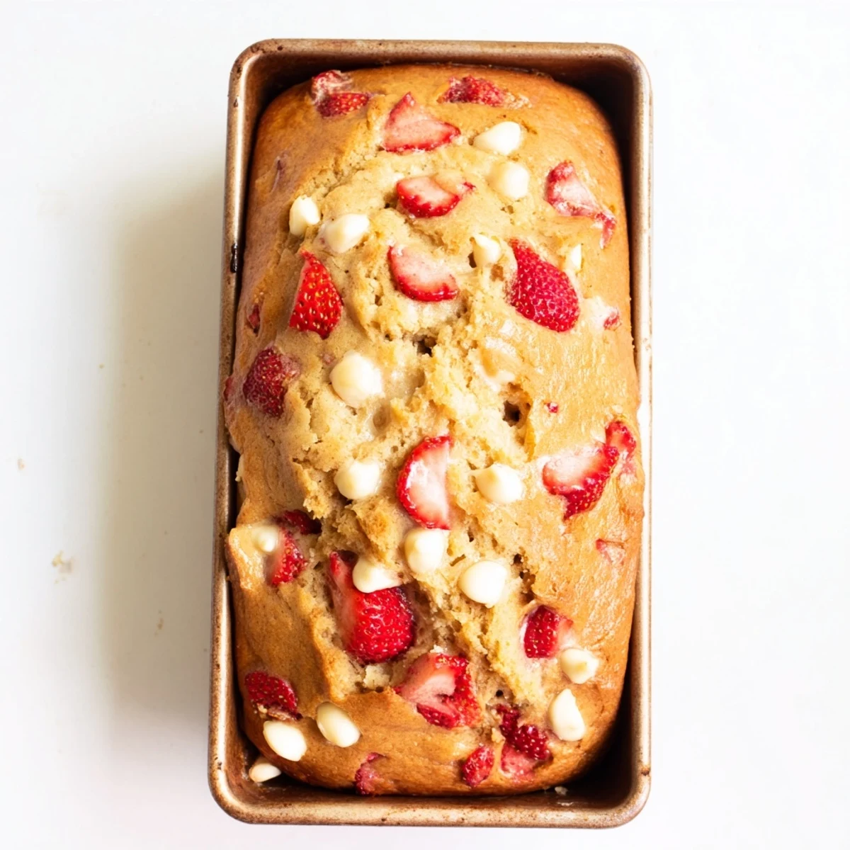 Freshly baked sourdough white chocolate chips strawberry bread with golden crust and flecks of vanilla bean