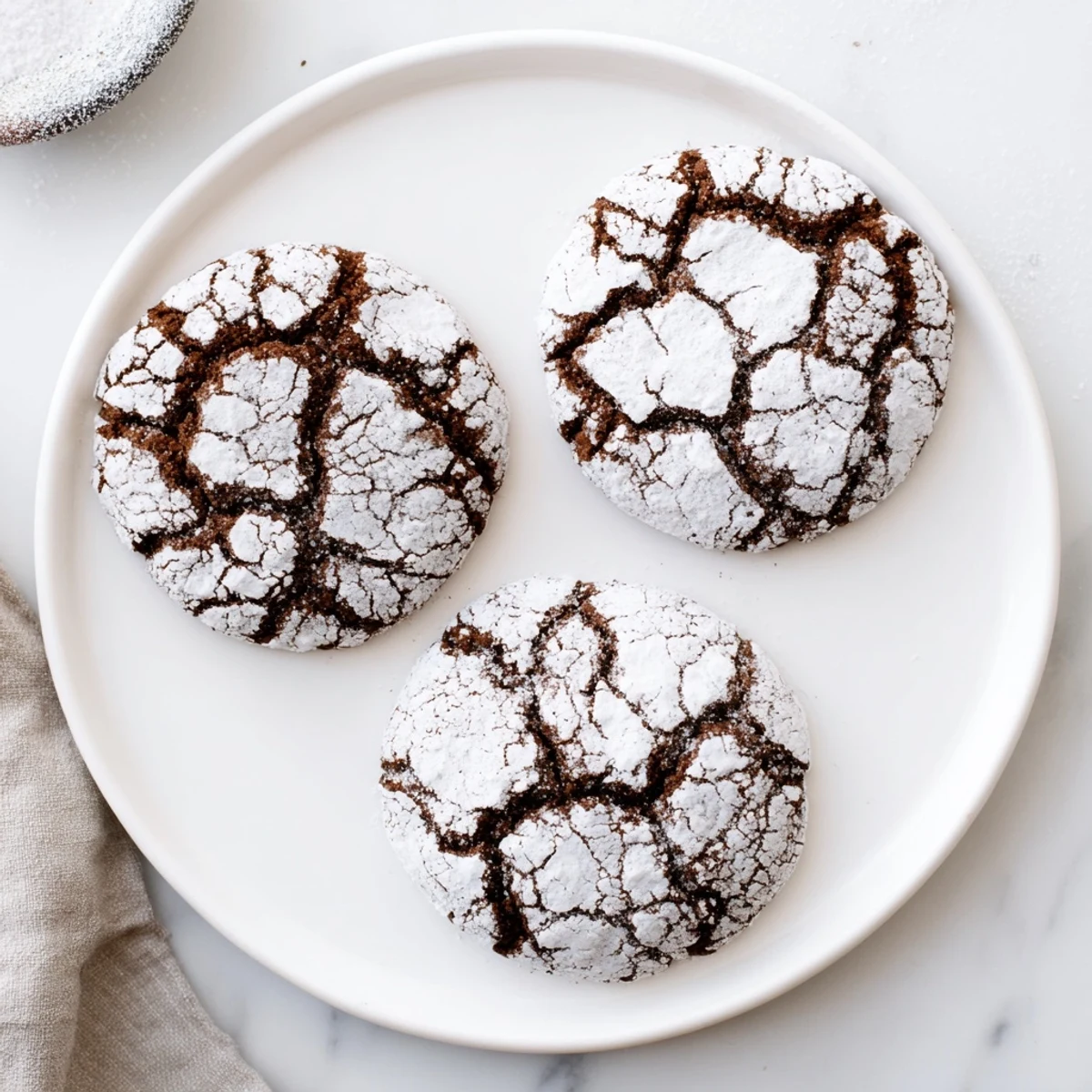 Soft gingerbread crinkle cookies dusted with white powdered sugar on a festive holiday plate