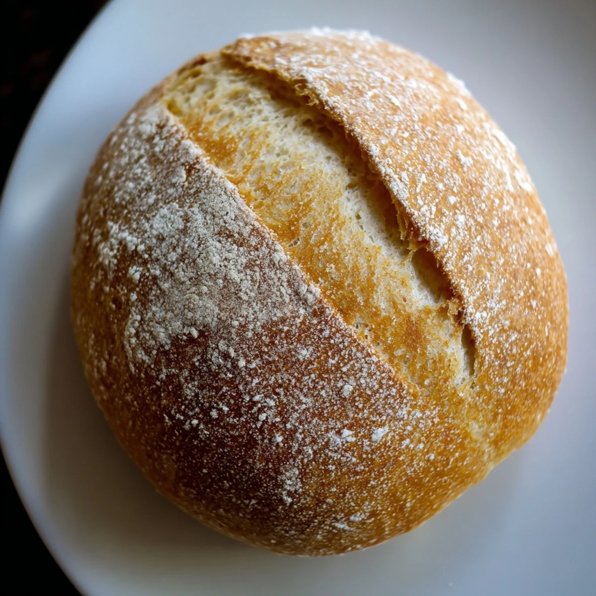 Handmade crusty French bread rolls with flour-dusted tops and deep decorative slashes