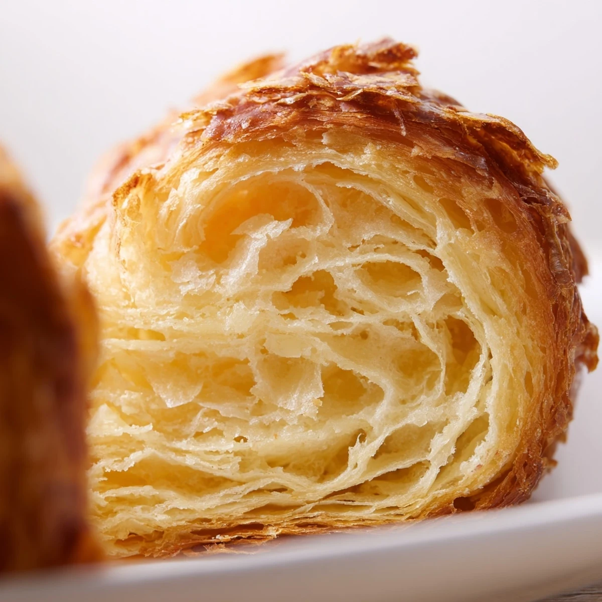 Sliced homemade croissant bread revealing tender flaky interior perfect for breakfast table