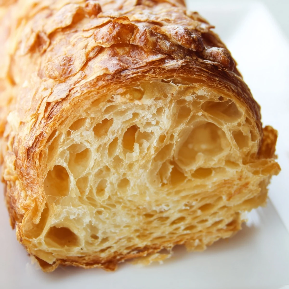 Golden homemade croissant bread loaf with flaky layers and buttery golden-brown crust