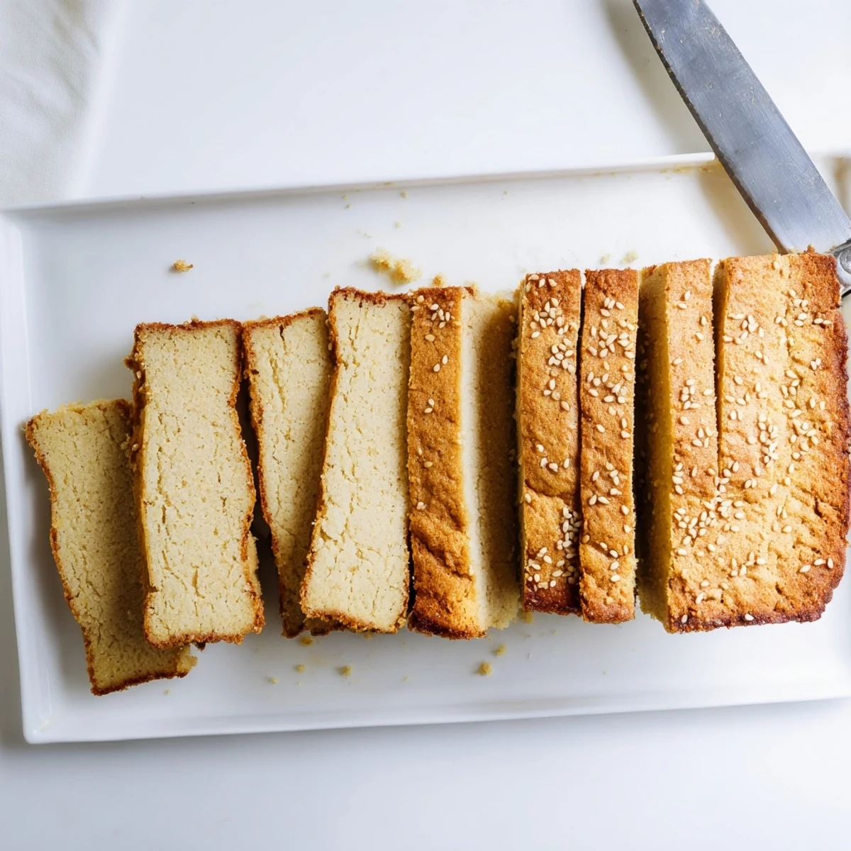 Golden zero carb yogurt bread loaf sliced on wooden cutting board with butter melting on warm toast