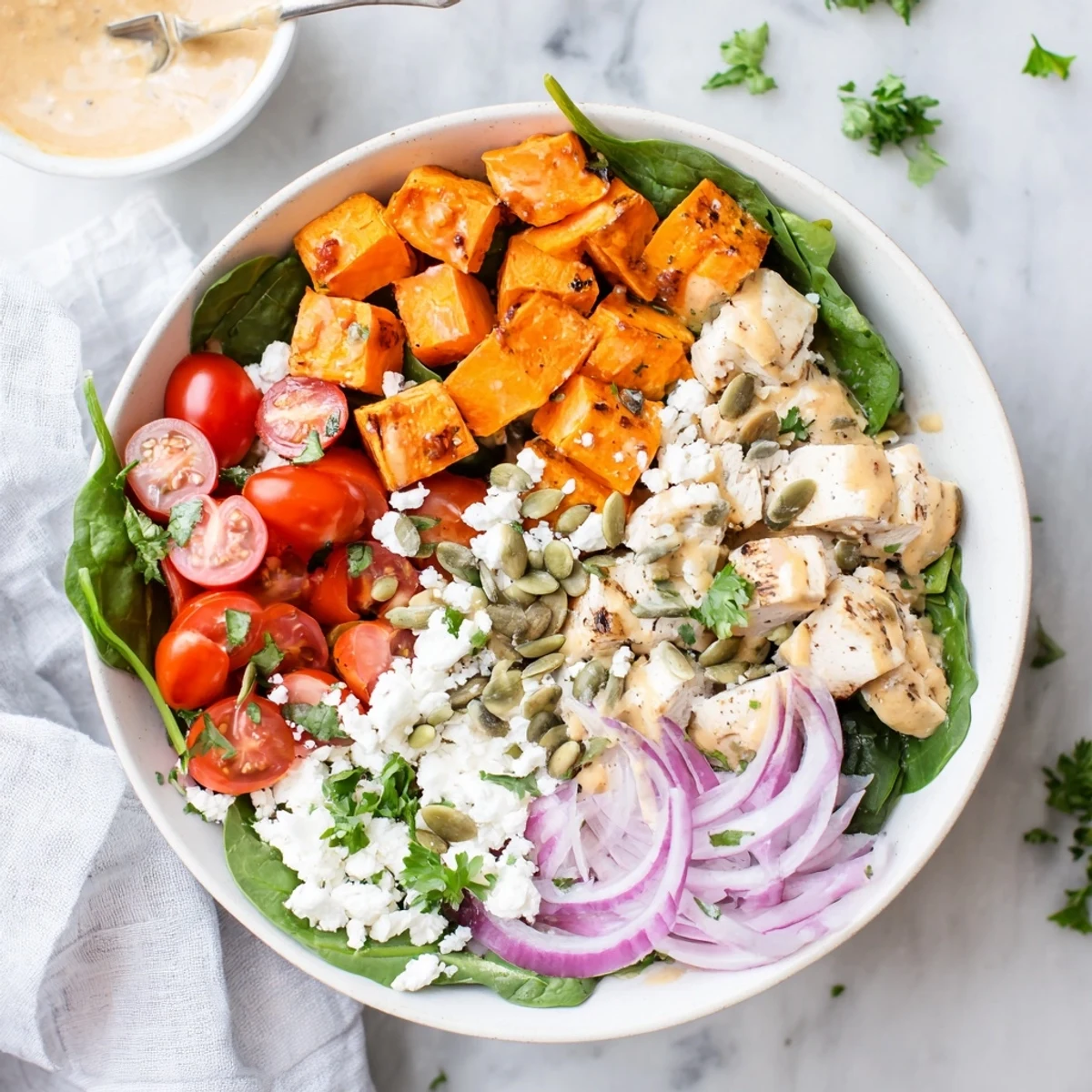 Golden glazed chicken breast slices atop roasted sweet potato cubes in a bowl