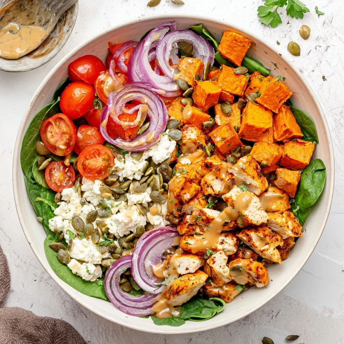 Vibrant meal prep bowl with maple Dijon chicken roasted sweet potatoes and fresh greens