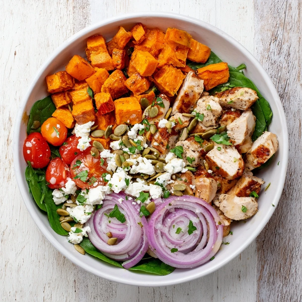 Sliced maple mustard chicken served over colorful roasted vegetables in a wholesome grain-free bowl