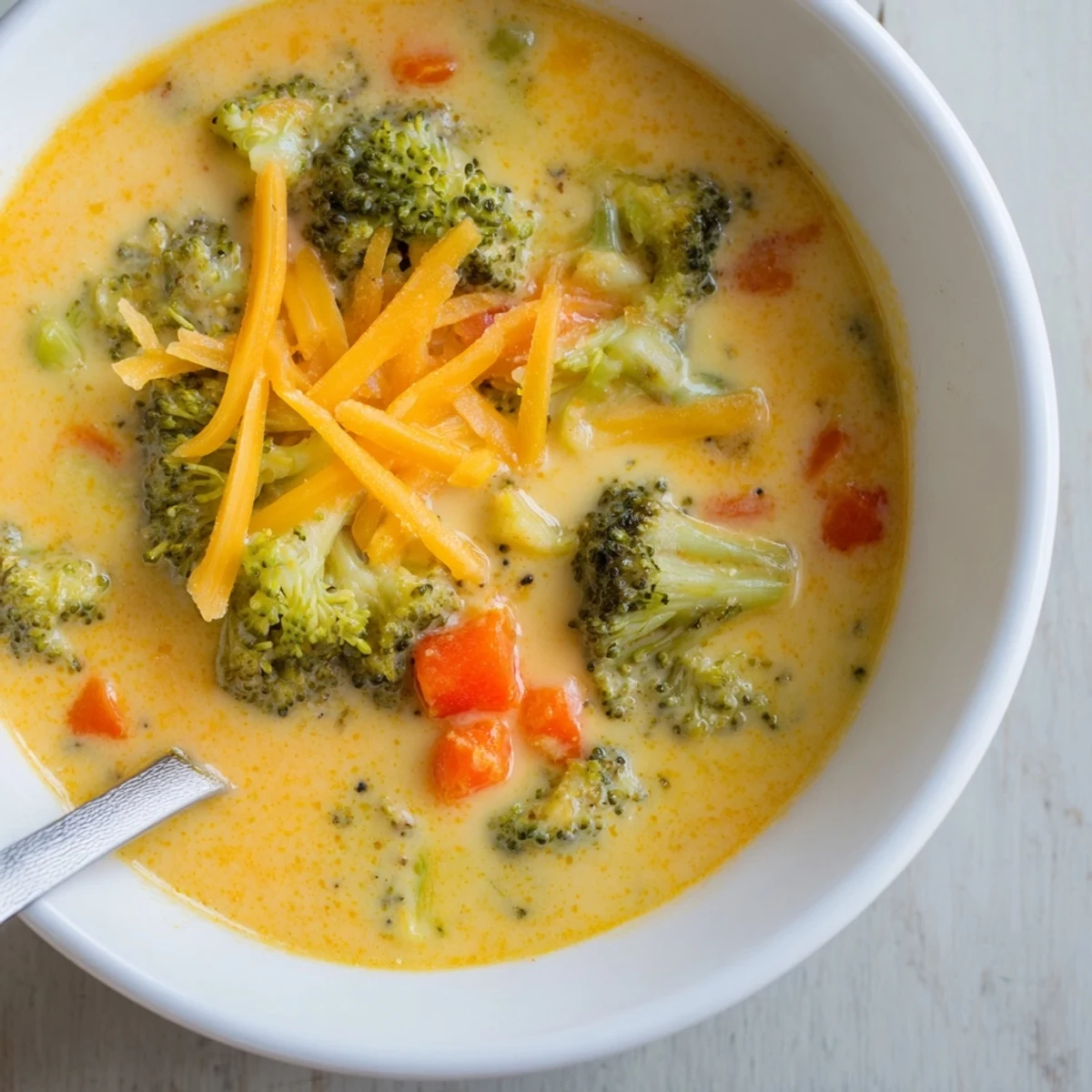 Steaming velvety broccoli cheddar soup ladled into white ceramic bowl with fresh broccoli garnish