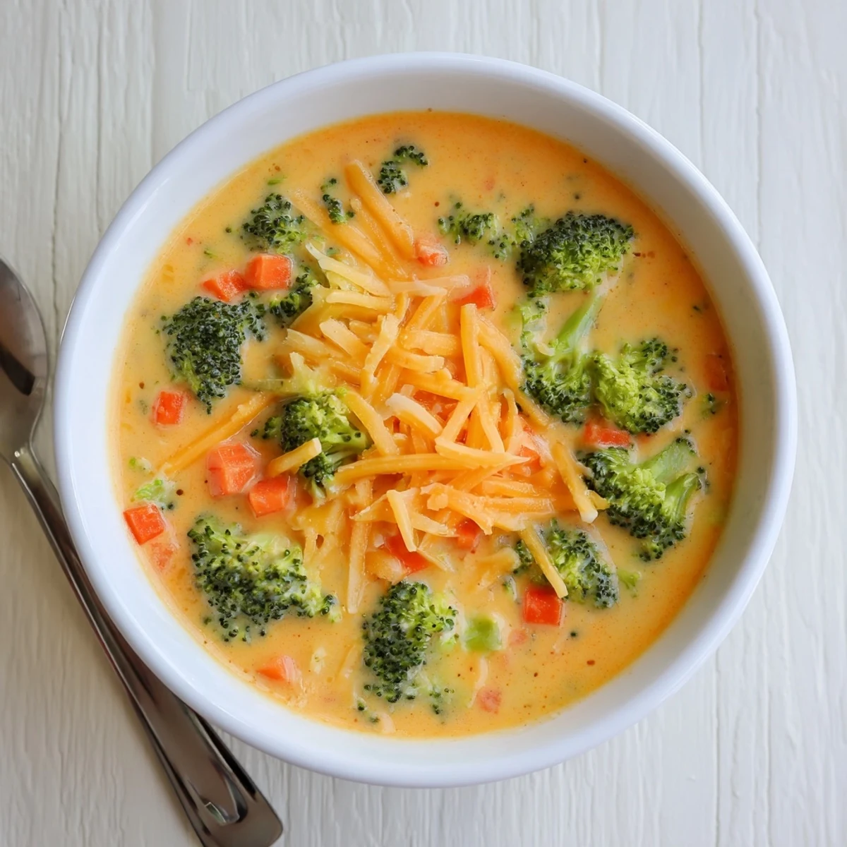 Creamy slow cooker broccoli cheddar soup bowl topped with melted cheese and crusty bread