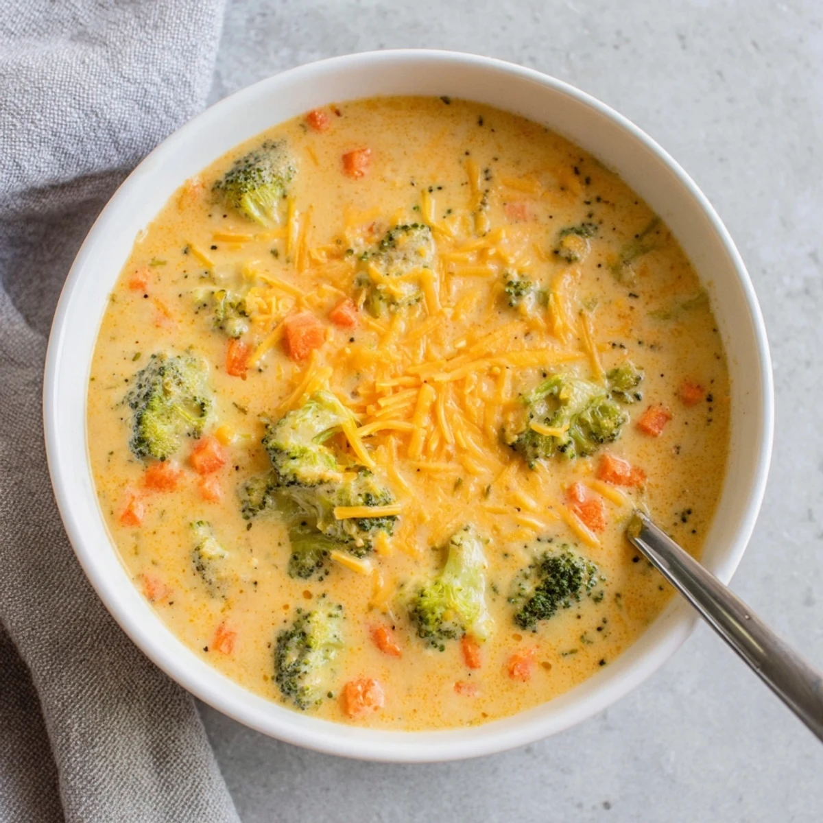 Rich homemade broccoli cheddar soup in slow cooker with shredded cheese and fresh vegetables