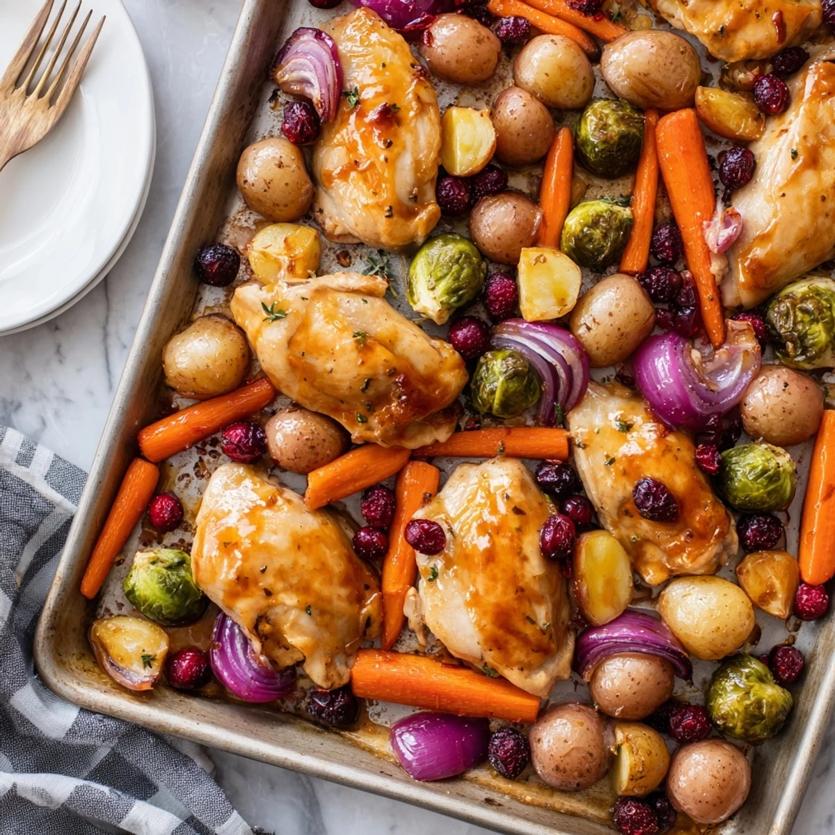 Golden glazed chicken breasts with honey cranberry sauce roasted alongside colorful Brussels sprouts and red onions