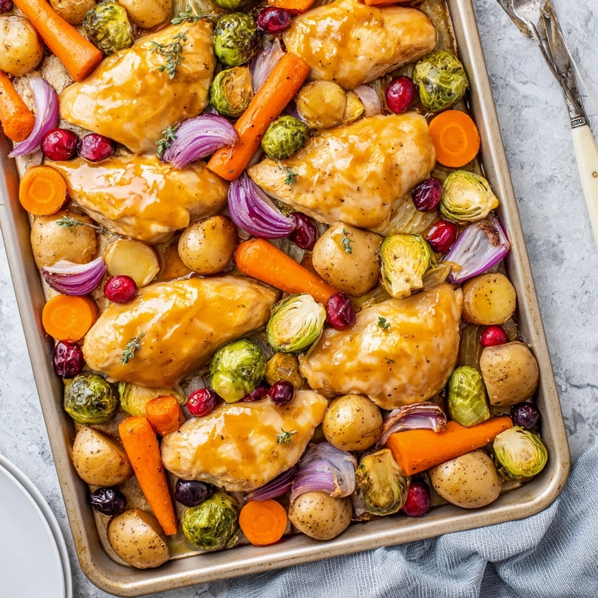 One pan honey cranberry chicken dinner featuring juicy glazed meat over tender roasted potatoes and carrots