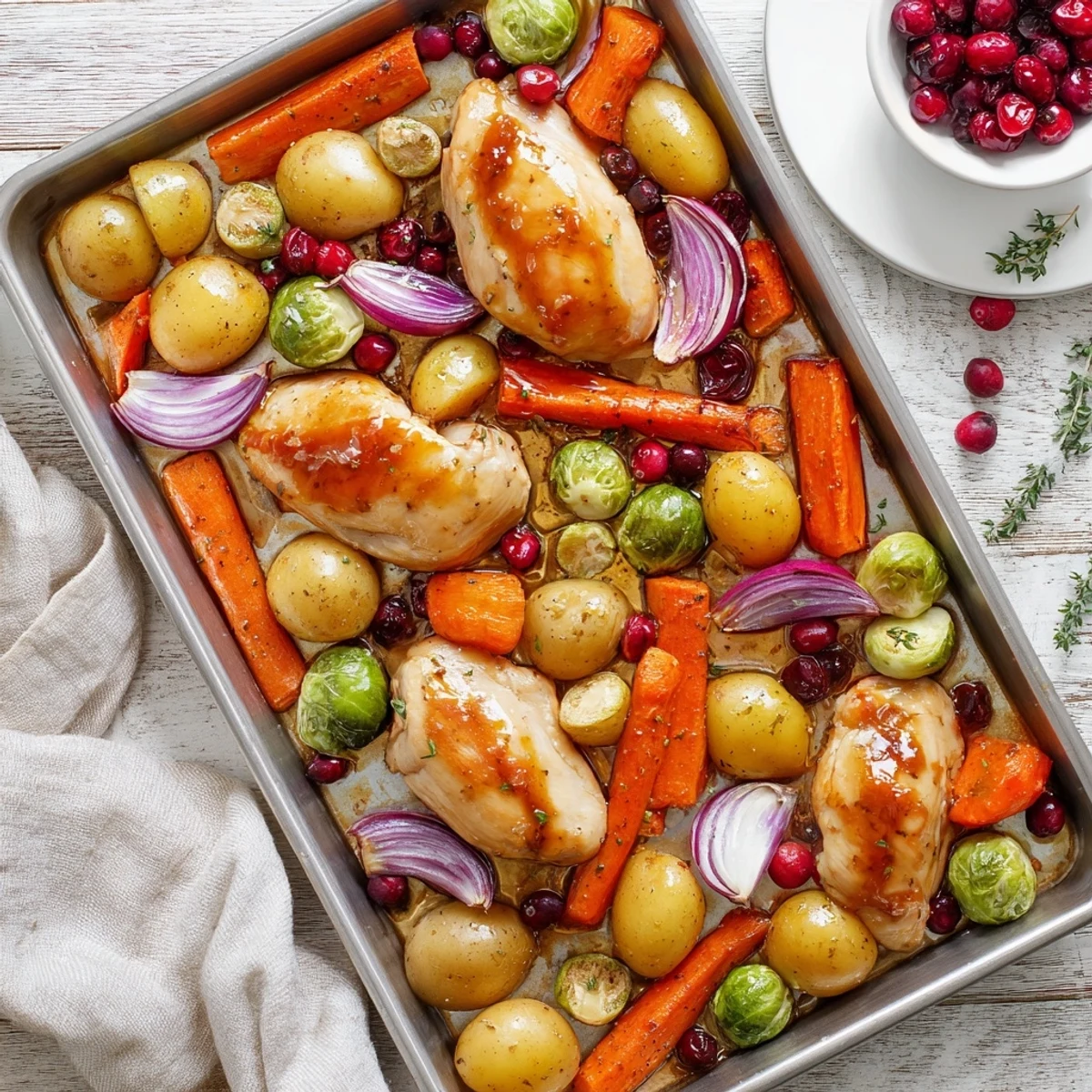 Complete one pan meal with cranberry glazed chicken nestled among caramelized seasonal vegetables on a baking sheet